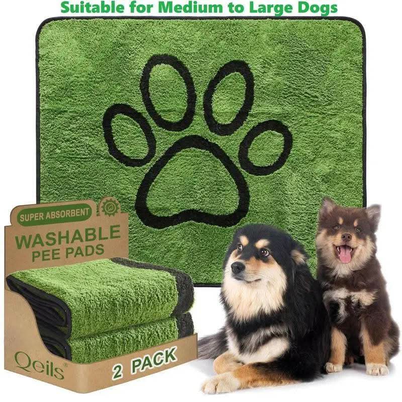 Qeils Super Absorbent Washable Pee Pads for Dogs 2 Pack Green Long Wool Mat Reusable Puppy Pads for Potty Training Outdoorfun Paws Unscented Eco-Friendly