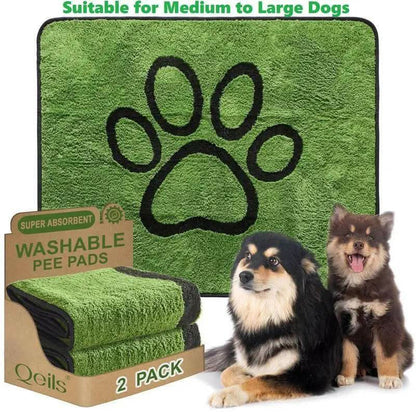 Qeils Super Absorbent Washable Pee Pads for Dogs 2 Pack Green Long Wool Mat Reusable Puppy Pads for Potty Training Outdoorfun Paws Unscented Eco-Friendly