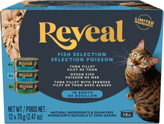 Natural Grain-Free Wet Canned Cat Food, Limited Ingredient Fish Variety in Broth (12 x 2.47 oz Cans)