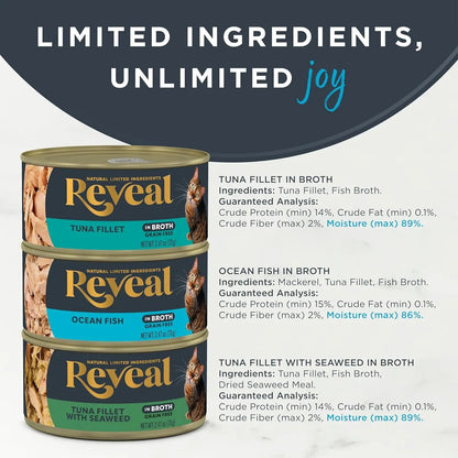 Natural Grain-Free Wet Canned Cat Food, Limited Ingredient Fish Variety in Broth (12 x 2.47 oz Cans)