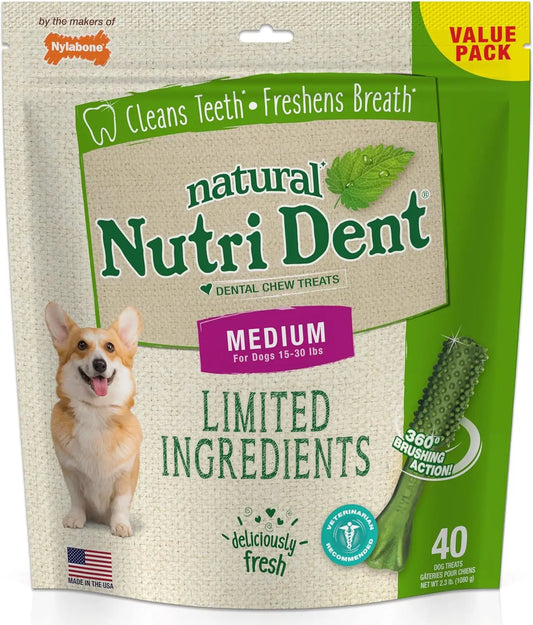 Nutri Dent Dental Treats for Dogs - Natural Teeth Cleaning and Breath Freshener - Fresh Breath Flavor, Medium Size (40 Count)