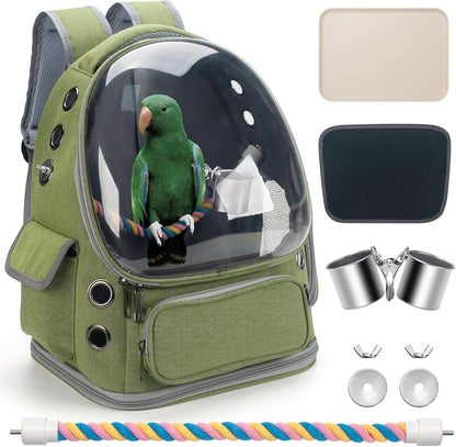 Bird Backpack Carrier Travel Cage with Perch, Tray, and Ventilated Clear Window for Cockatiels, Caiques, Conures, and Quakers - Ideal for Veterinary Visits, Camping, and Hiking (Green)