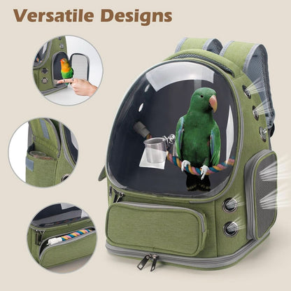 Bird Backpack Carrier Travel Cage with Perch, Tray, and Ventilated Clear Window for Cockatiels, Caiques, Conures, and Quakers - Ideal for Veterinary Visits, Camping, and Hiking (Green)