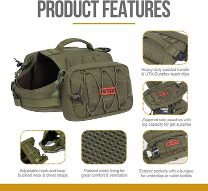 Tactical Dog Backpack for Medium and Large Breeds, Durable Nylon with Side Pockets for Hiking, Walking, Training, and Running (Green, Large)