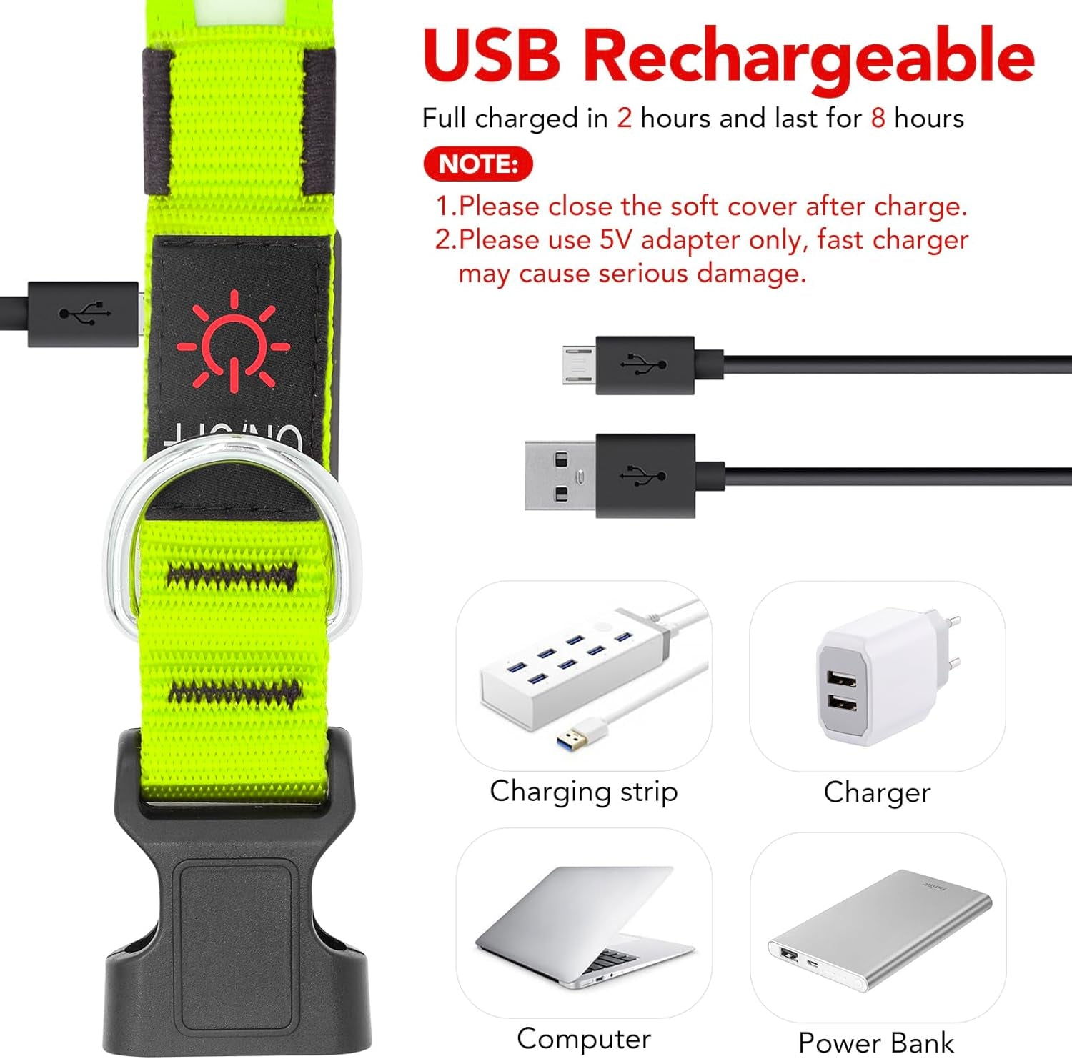 Adjustable LED Dog Collar - USB Rechargeable, Super Bright Safety Light, Glowing Dog Collar for Small Dogs (Green)