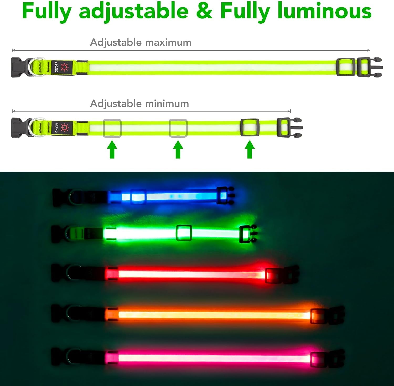 Adjustable LED Dog Collar - USB Rechargeable, Super Bright Safety Light, Glowing Dog Collar for Small Dogs (Green)