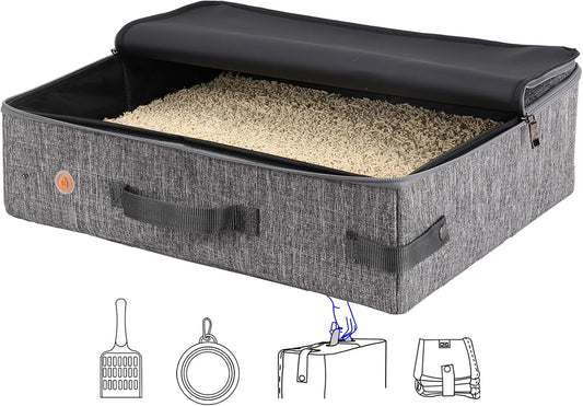 Portable Cat Travel Litter Box with Zippered Lid for Odor and Leak Prevention – Convenient for Use in Cars, Hotels, and Airplanes (Large, Grey)