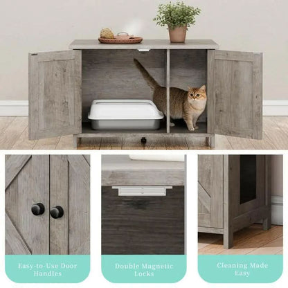 Walsunny Cat Litter Box Furniture with Removable Divider Hidden Enclosure and End Table White Brown Gray Wood Adjustable System for Personalized Configurations Double Door Design