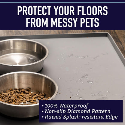 Extra Large Silicone Dog Water Bowl Mat - 25" x 17" Gray - Tall Lip & Non-Slip Base - Waterproof Pet Food Mat
