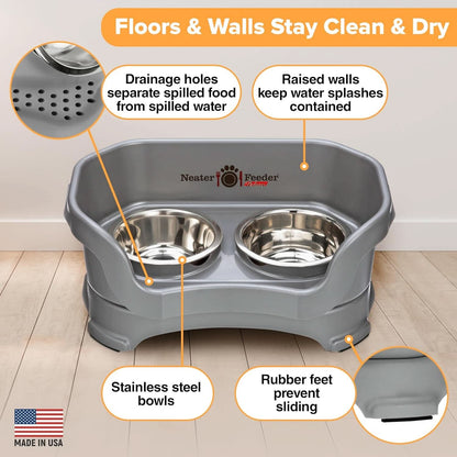 Deluxe Elevated Feeding Station for Small Dogs under 19 lbs - Mess-Proof and Spill-Proof Dog Bowl Set, Made in the USA, Grey