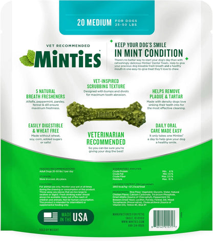Dental Chews for Medium Dogs (25-50 lbs) - 20 Count, Vet-Recommended Mint-Flavored Treats for Dental Health, Fresh Breath, and Plaque Removal