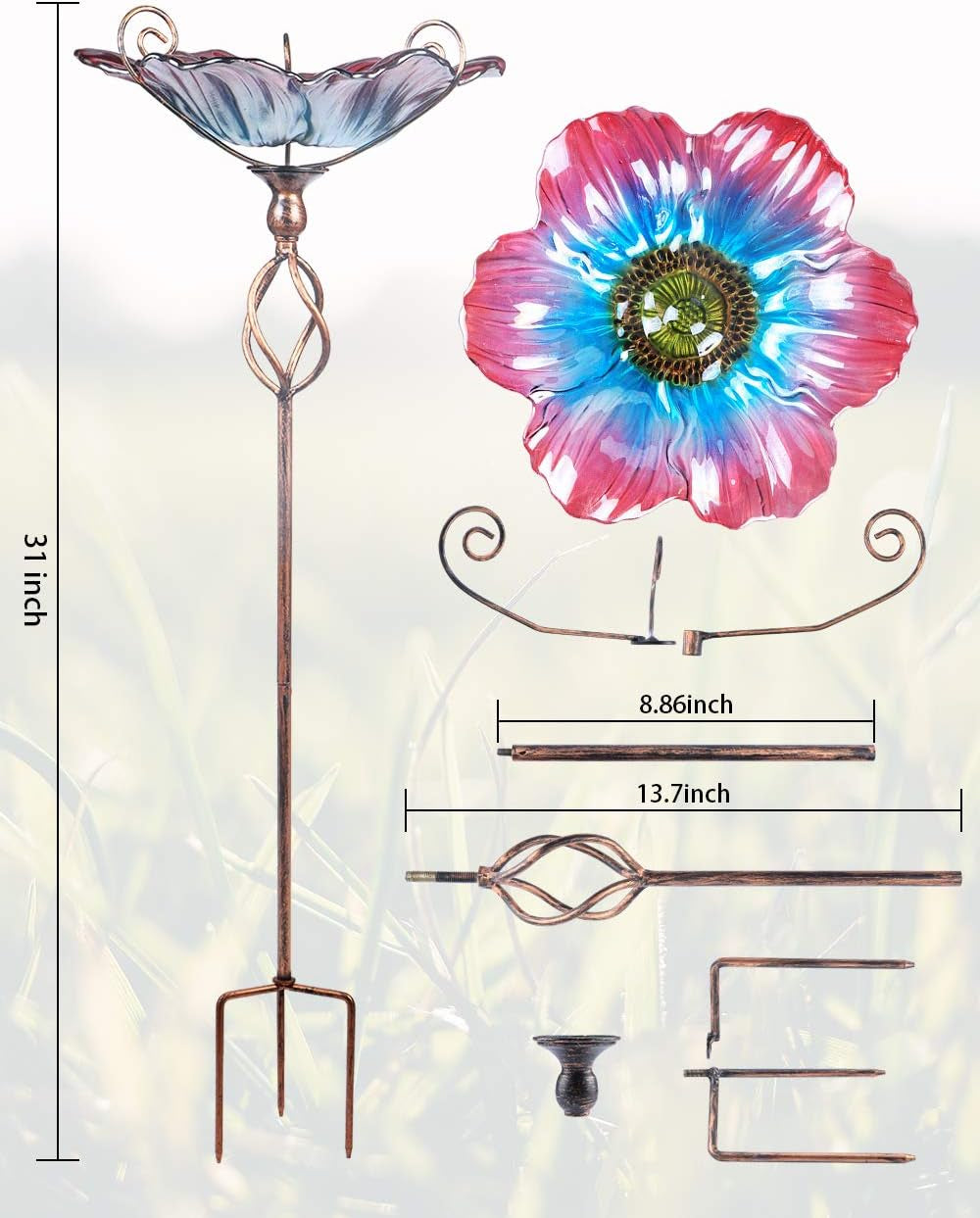 31-Inch Glass Birdbath and Birdfeeder with Metal Stake for Garden and Outdoor Use