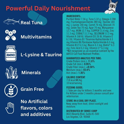 Lickable Cat Treats - Real Tuna Multivitamin Puree with Lysine & Taurine for Indoor Cats | Grain-Free Squeeze Tube (50 Count)