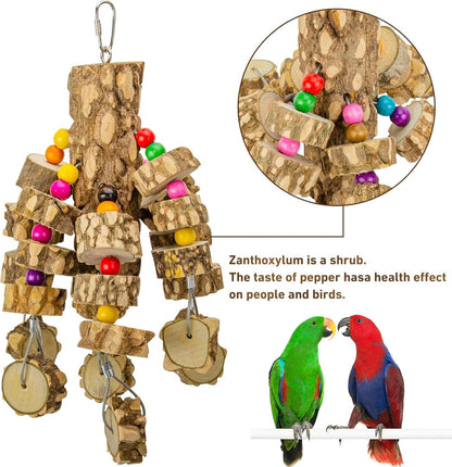 Natural Wood Parrot Chewing and Hanging Toys for Small and Medium Birds, Including Parakeets, Cockatoos, African Greys, and Cockatiels
