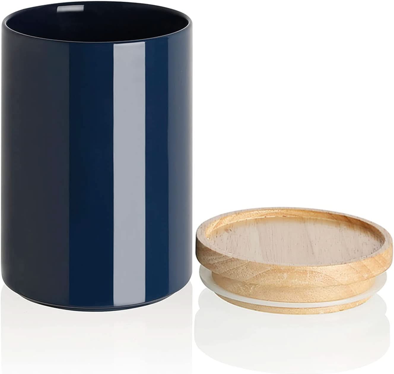 Ceramic Kitchen Canisters with Airtight Wooden Lid - Stackable Food Storage Jars for Coffee Beans, Flour, Tea, Cookies, and More - 58 Fl Oz (Navy)