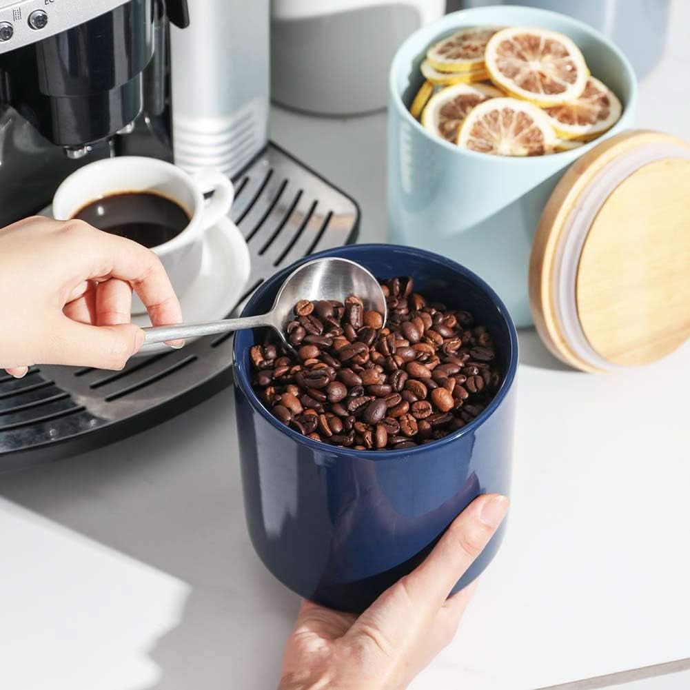 Ceramic Kitchen Canisters with Airtight Wooden Lid - Stackable Food Storage Jars for Coffee Beans, Flour, Tea, Cookies, and More - 58 Fl Oz (Navy)