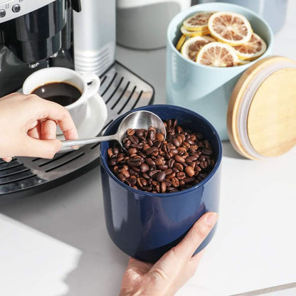 Ceramic Kitchen Canisters with Airtight Wooden Lid - Stackable Food Storage Jars for Coffee Beans, Flour, Tea, Cookies, and More - 58 Fl Oz (Navy)