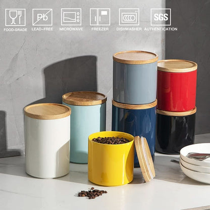 Ceramic Kitchen Canisters with Airtight Wooden Lid - Stackable Food Storage Jars for Coffee Beans, Flour, Tea, Cookies, and More - 58 Fl Oz (Navy)