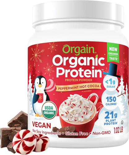 Organic Vegan Protein Powder - Peppermint Hot Cocoa Holiday Flavor, 21g Plant Protein, 5g Prebiotic Fiber, Lactose-Free, No Added Sugar, Non-GMO, Ideal for Shakes & Smoothies, 1.02 lb