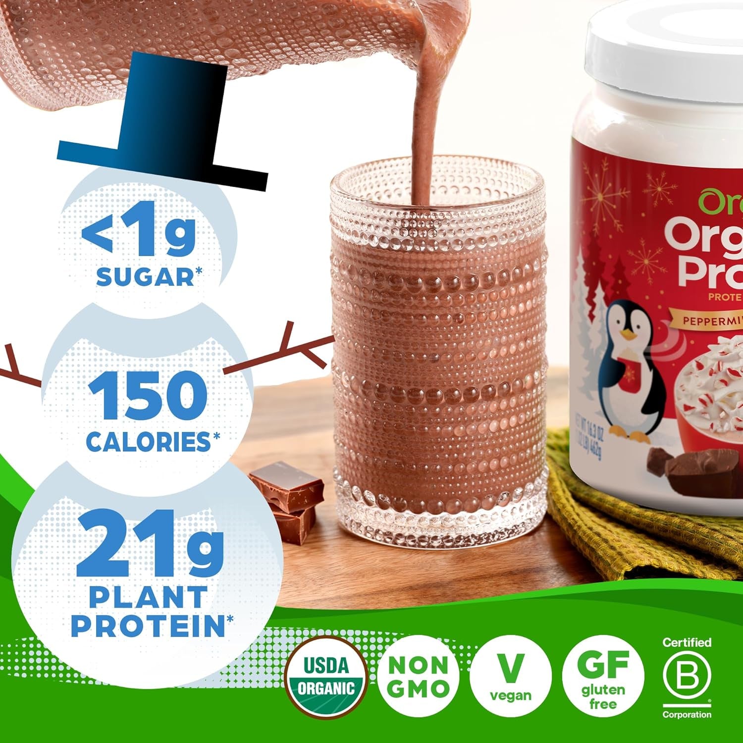 Organic Vegan Protein Powder - Peppermint Hot Cocoa Holiday Flavor, 21g Plant Protein, 5g Prebiotic Fiber, Lactose-Free, No Added Sugar, Non-GMO, Ideal for Shakes & Smoothies, 1.02 lb