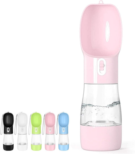 Multifunctional Travel Dog Water Bottle Dispenser with Food Container - Leak Proof Design for Outdoor Use (Pink)