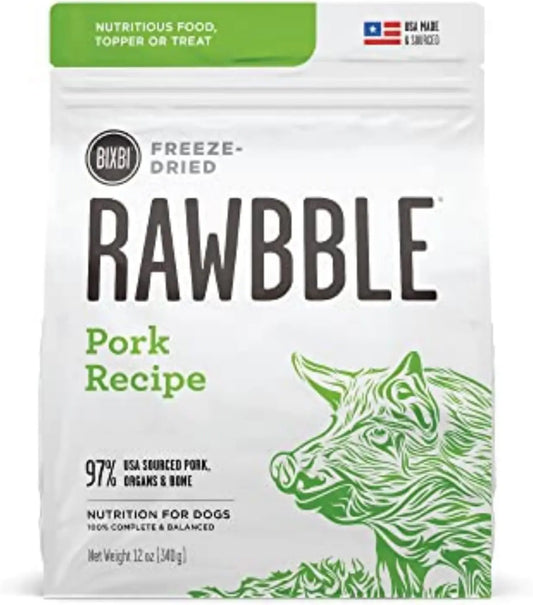 Rawbble Freeze-Dried Pork Recipe Dog Food, 12 Oz - 97% Meat and Organs, No Fillers - Versatile Raw Dog Food for Meals, Treats, or Food Toppers - Made in the USA in Small Batches