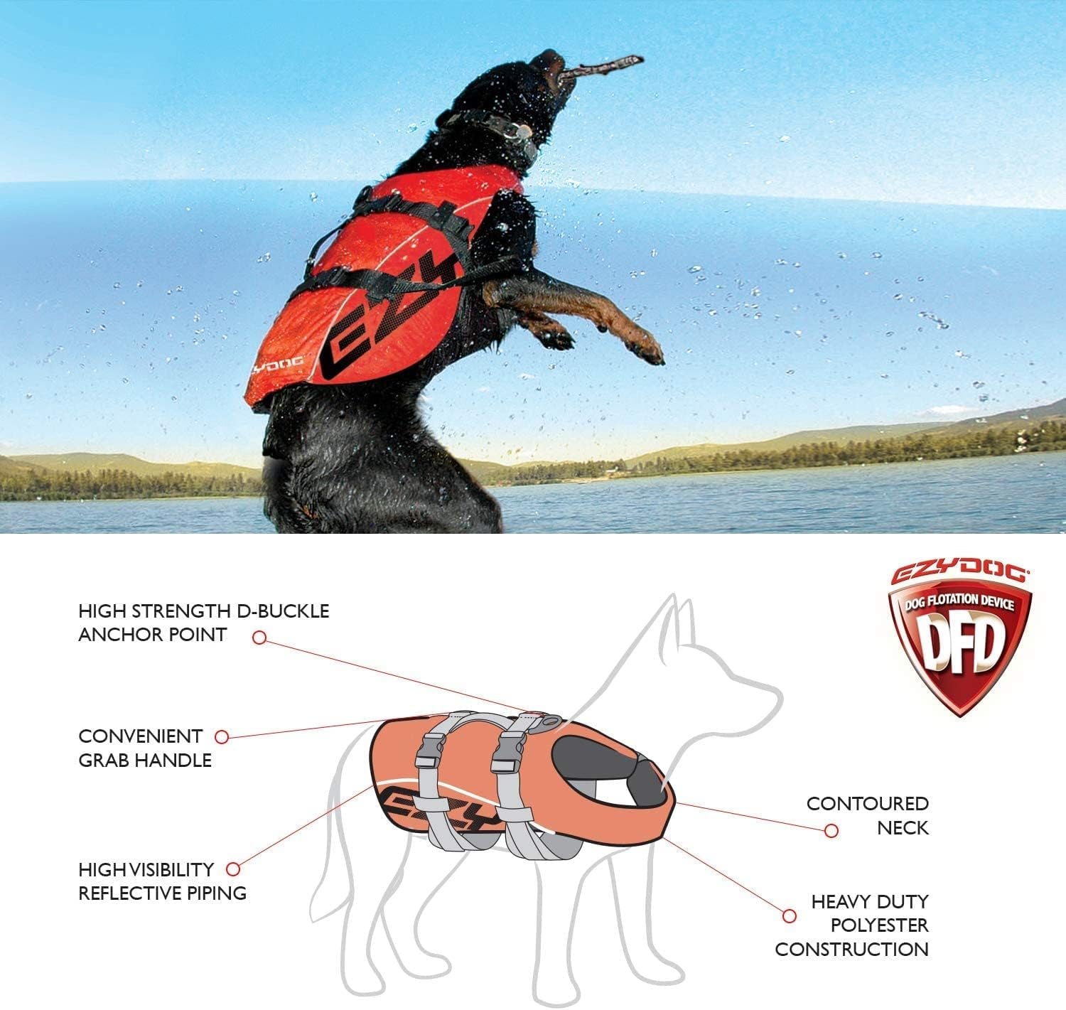 DFD Dog Life Jacket - Adjustable Safety Vest with Reflective Trim and Durable Grab Handle - Enhanced Flotation for Small Dogs - Red