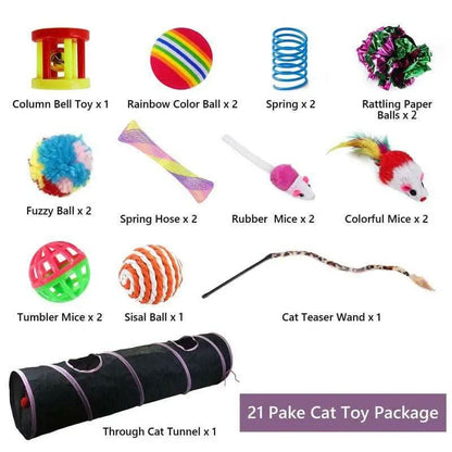 Cat Toys 21Pcs Kitten Toy Set Tunnel Interactive Black Straight through Cat Toy Set with Fluffy Mouse for Cats