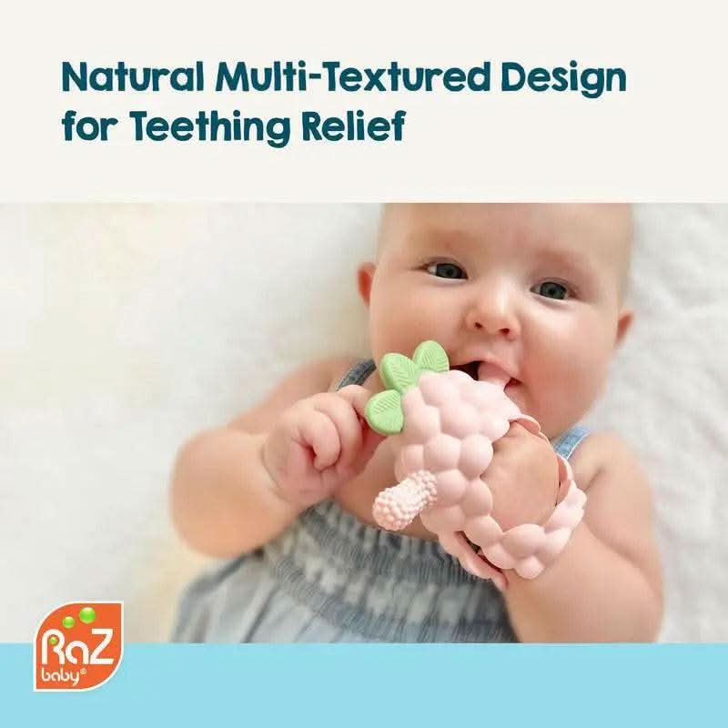 Razbaby Razberry Grip Silicone Teether Toy for 3M+ Babies & Infants - Drop Resistant, Non-Toxic, Multi-Textured Design for Front and Back Teeth