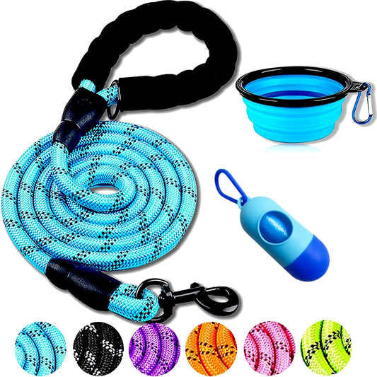 Premium Dog Leash - Thick Nylon Rope (2FT/5FT/6FT) with Padded Handle, Reflective Features, Includes Collapsible Pet Bowl & Waste Bags (Blue, 1/3" X 5 FT)