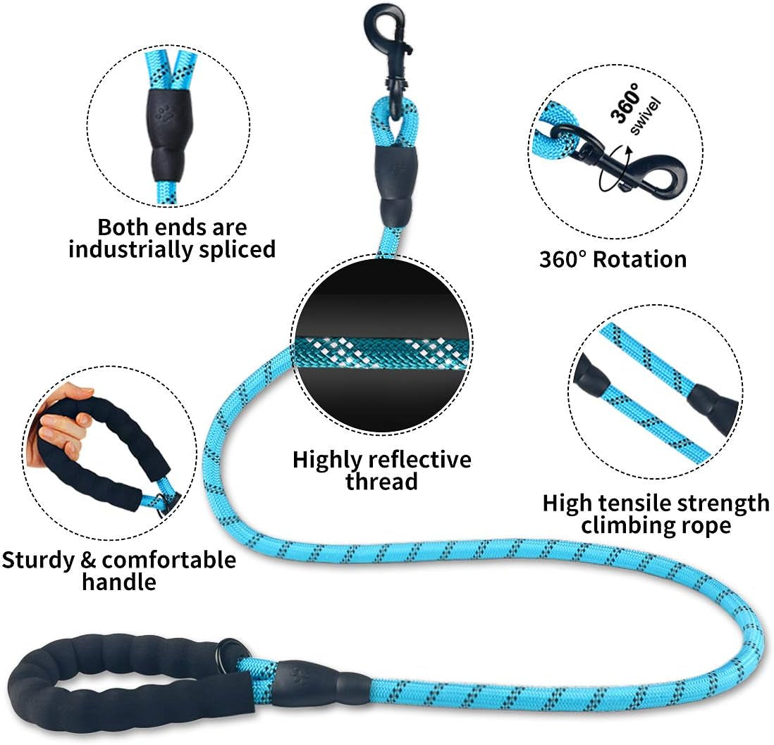 Premium Dog Leash - Thick Nylon Rope (2FT/5FT/6FT) with Padded Handle, Reflective Features, Includes Collapsible Pet Bowl & Waste Bags (Blue, 1/3" X 5 FT)