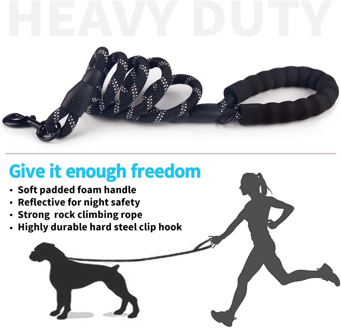 Premium Dog Leash - Thick Nylon Rope (2FT/5FT/6FT) with Padded Handle, Reflective Features, Includes Collapsible Pet Bowl & Waste Bags (Blue, 1/3" X 5 FT)
