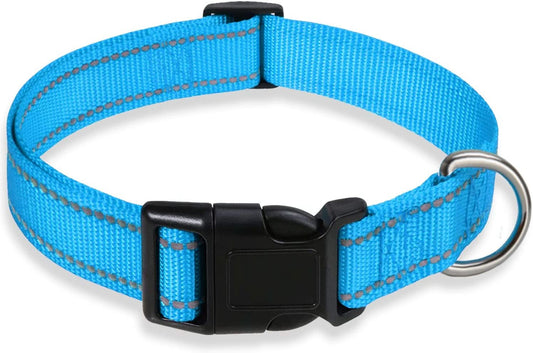 Adjustable Reflective Nylon Dog Collar with Buckle for Small, Medium, and Large Dogs - Blue, XL Size