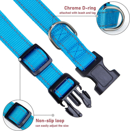 Adjustable Reflective Nylon Dog Collar with Buckle for Small, Medium, and Large Dogs - Blue, XL Size