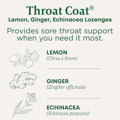 Organic Throat Coat Lozenges with Lemon, Ginger, and Echinacea for Sore Throat Relief, 16 Individually Wrapped Lozenges