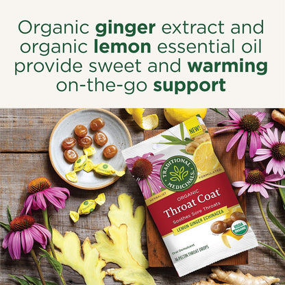 Organic Throat Coat Lozenges with Lemon, Ginger, and Echinacea for Sore Throat Relief, 16 Individually Wrapped Lozenges