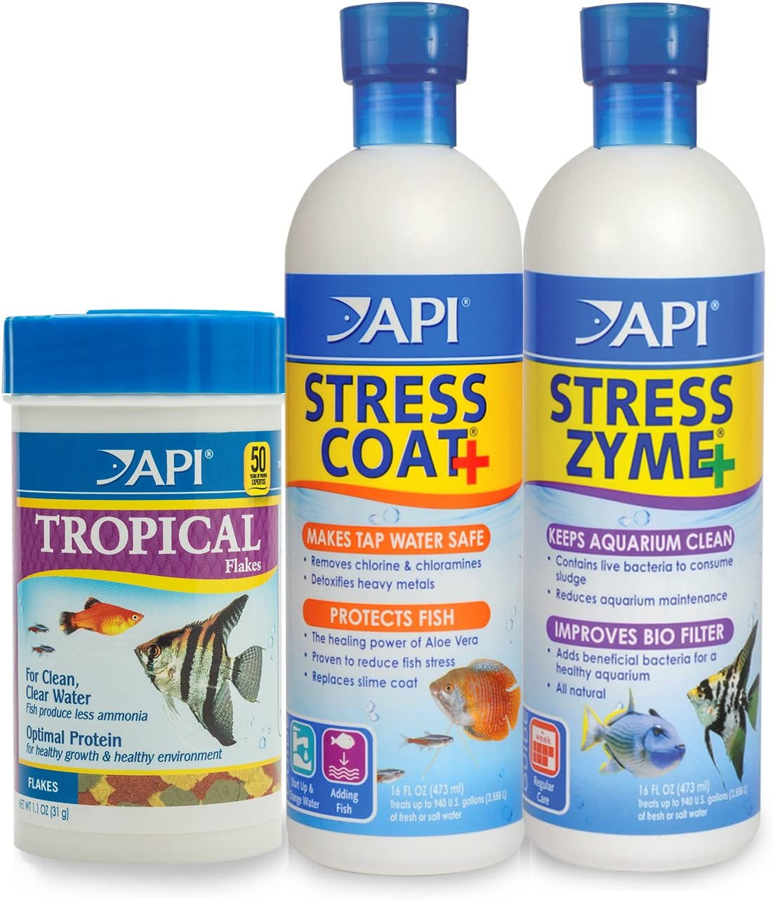 Aquarium Water Treatment and Tropical Fish Food Bundle: Stress Coat (16 oz), Stress Zyme (16 oz), Tropical Flakes (1.1 oz)