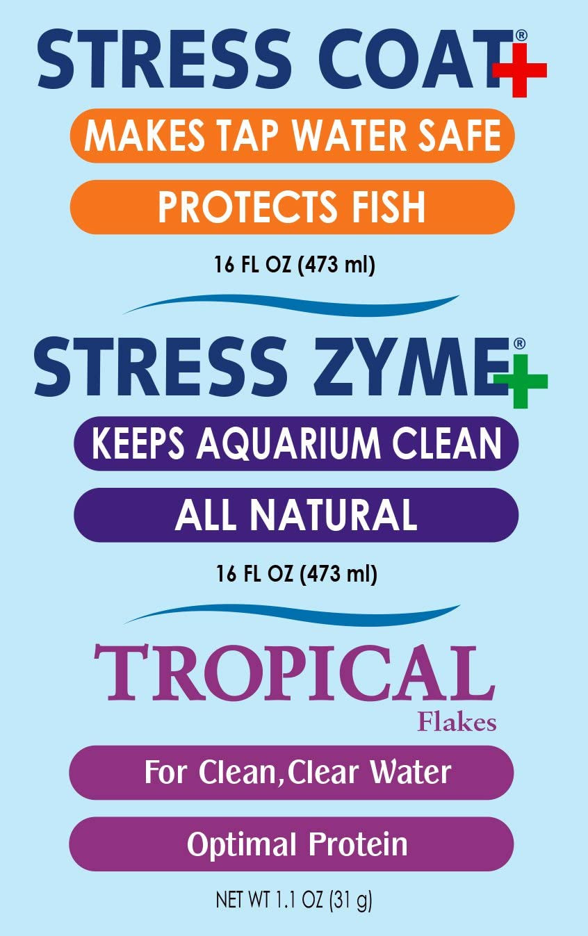 Aquarium Water Treatment and Tropical Fish Food Bundle: Stress Coat (16 oz), Stress Zyme (16 oz), Tropical Flakes (1.1 oz)