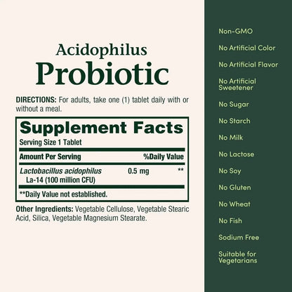 Lactobacillus Acidophilus Probiotic Supplement for Digestive Health - 100 Million Organisms per Serving, Vegetarian, 120 Tablets