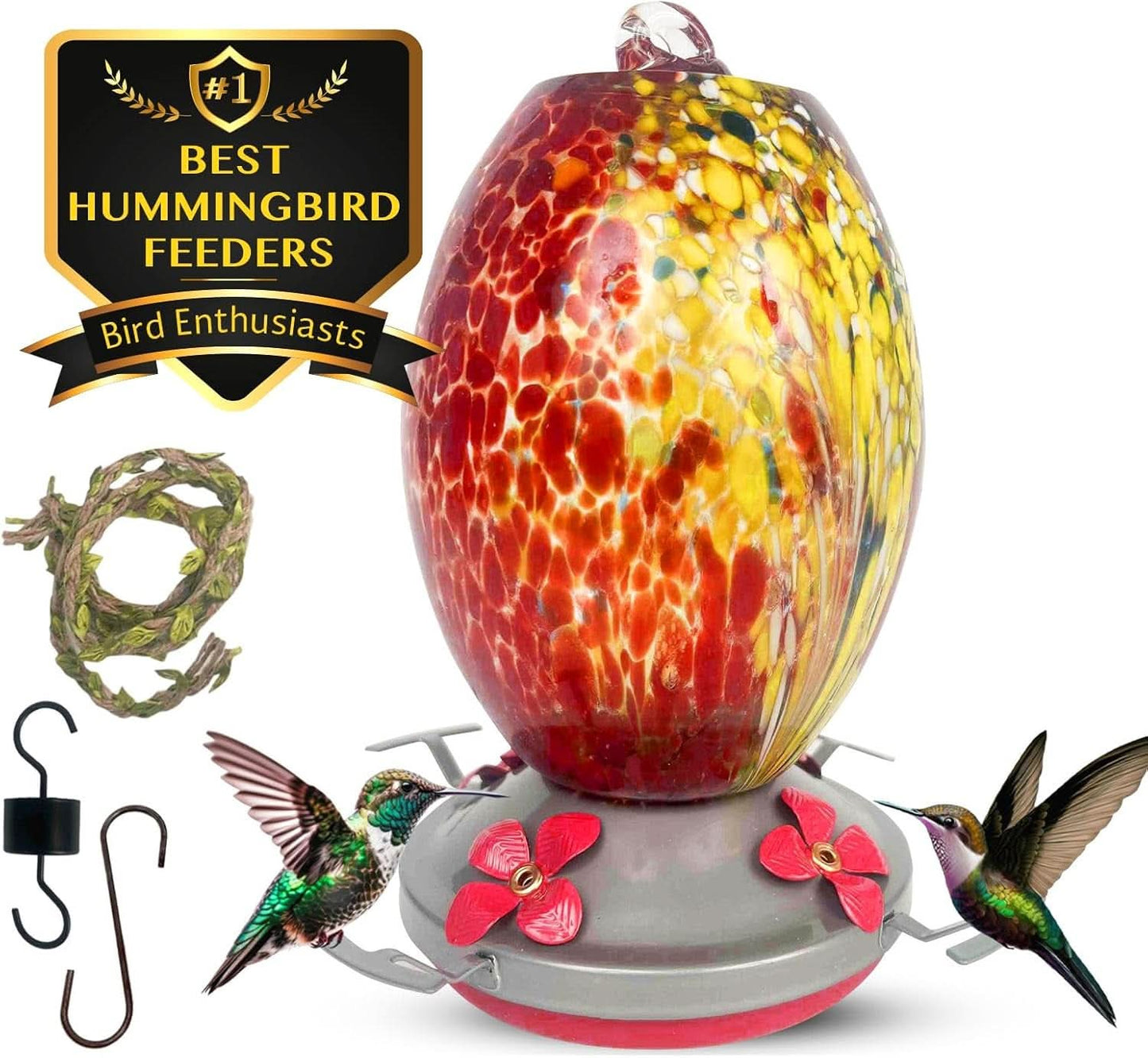 Premium Hanging Glass Hummingbird Feeder with Ant Moat - Durable, Easy to Clean, Volcano Red for Outdoor Gardens