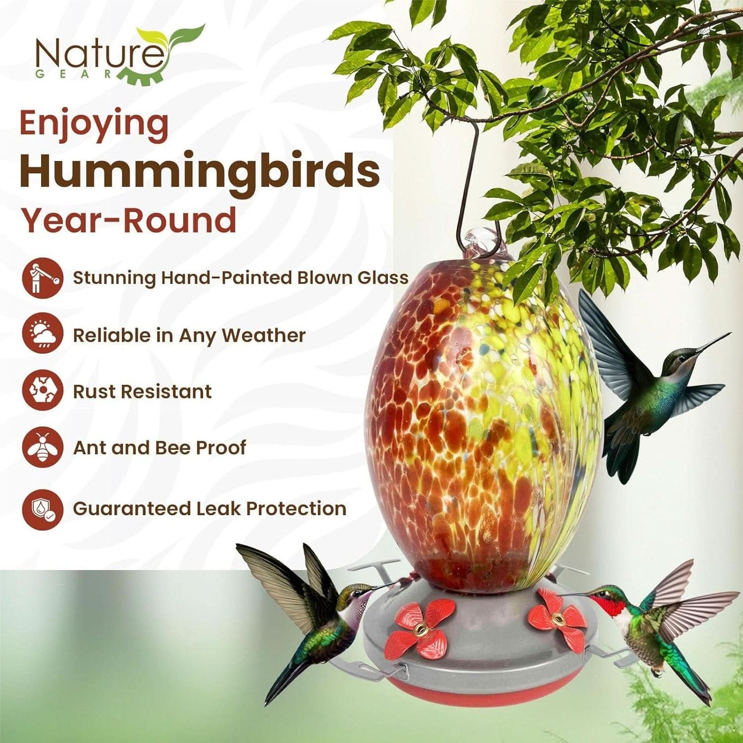 Premium Hanging Glass Hummingbird Feeder with Ant Moat - Durable, Easy to Clean, Volcano Red for Outdoor Gardens