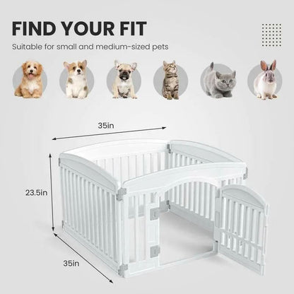 Pettrove - Plastic Pet Playpen, Durable Puppy Playpen with Lockable Door and Non-Slip Bottom, Portable Indoor Outdoor Puppy Pen