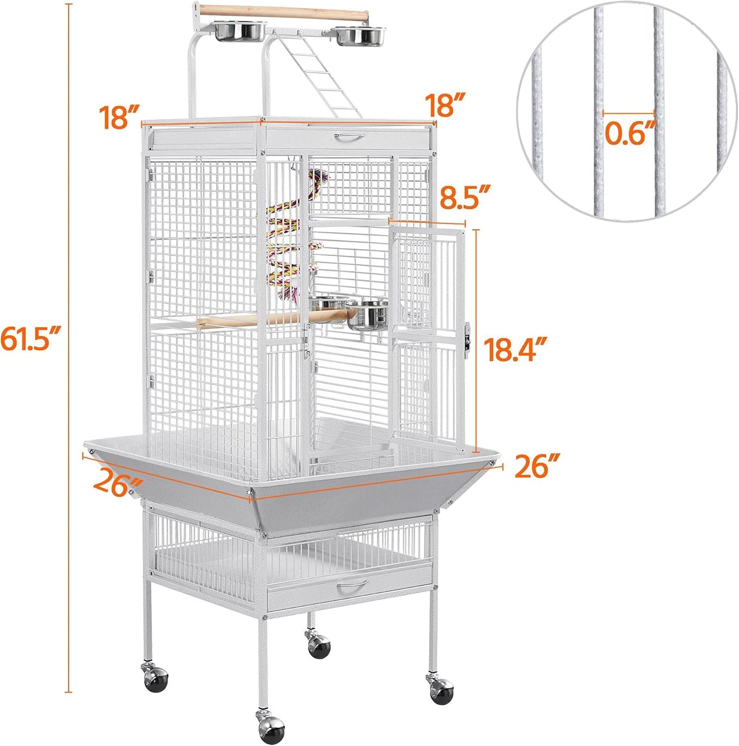 61-Inch White Wrought Iron Large Parrot Bird Cage with Play Top