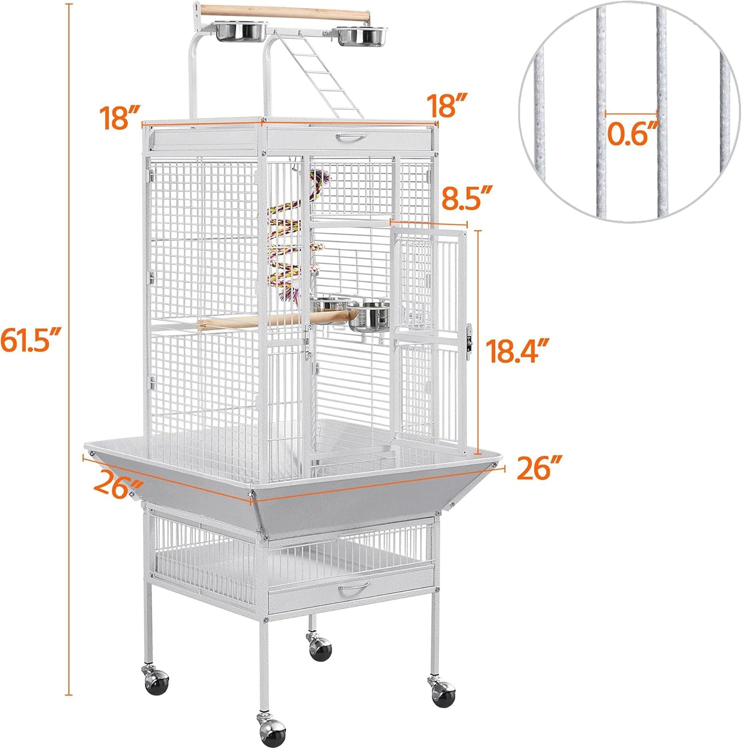 61-Inch White Wrought Iron Large Parrot Bird Cage with Play Top