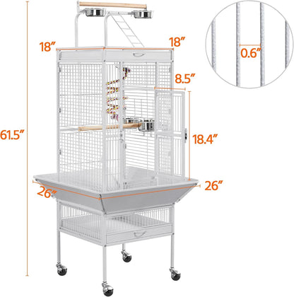 61-Inch White Wrought Iron Large Parrot Bird Cage with Play Top