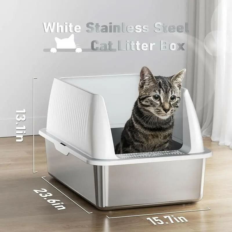 Petterm Stainless Steel Cat Litter Box with Scoop & Mat, Large Semi or Fully Enclosed Design, High-Side Enclosure, Non-Sticky, Anti-Leak, High-Walled